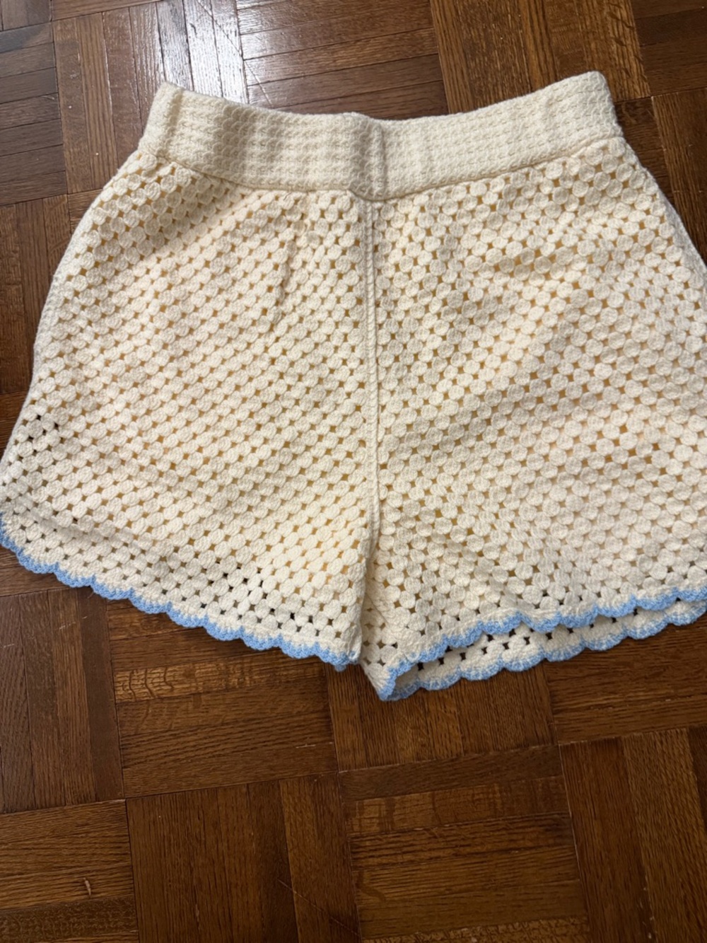 Avec Les Filles Cream Crochet High-Waist Shorts with Light Blue Trim